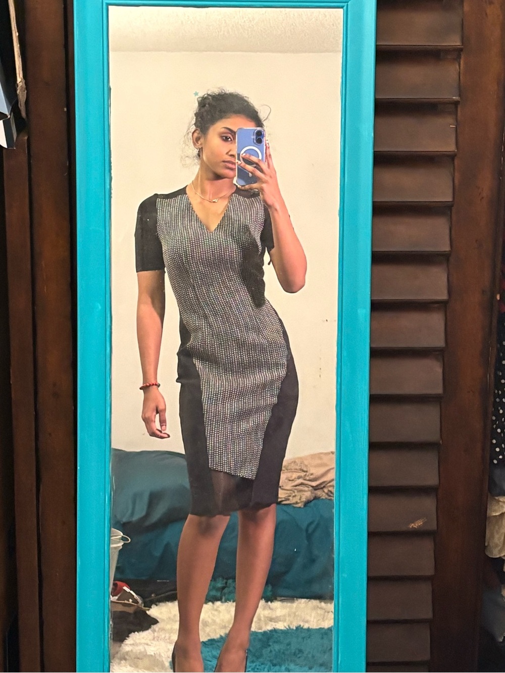 Elie Tahari Black and Gray Panel Midi Dress